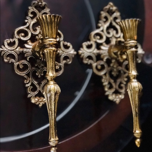 GORGEOUS VINTAGE ORNATE WALL CANDLE SCONCES MOODY MAXIMALISM - Picture 3 of 8